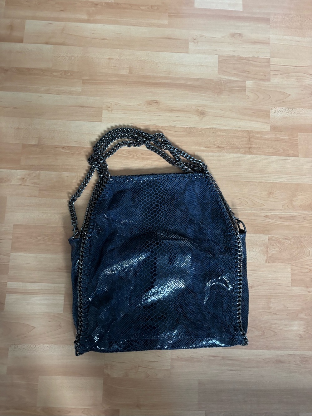Chain-Trim Navy Snake-Texture Shoulder Bag